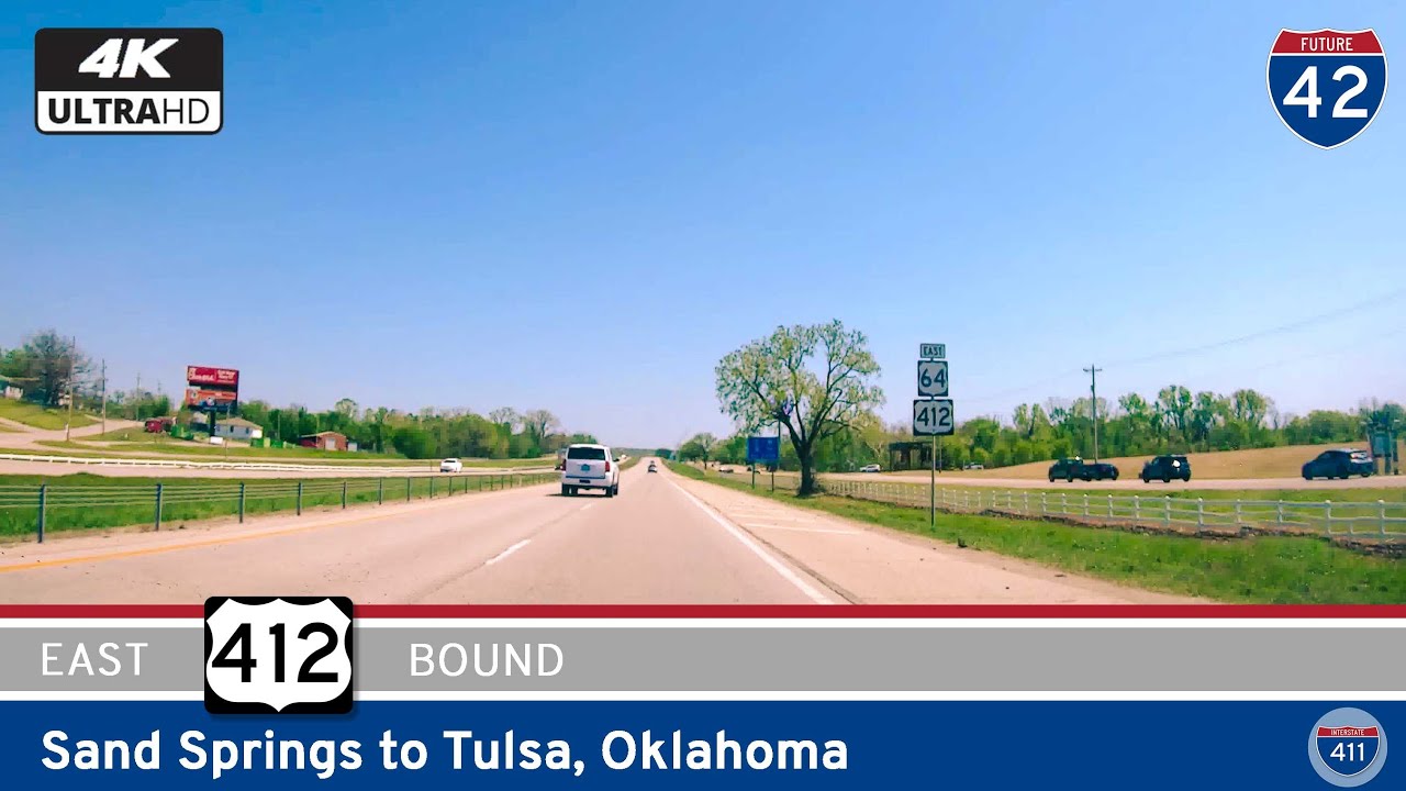 Drive America's Highways for 14 miles east along U.S. Highway 412 from Sand Springs to Tulsa, Oklahoma