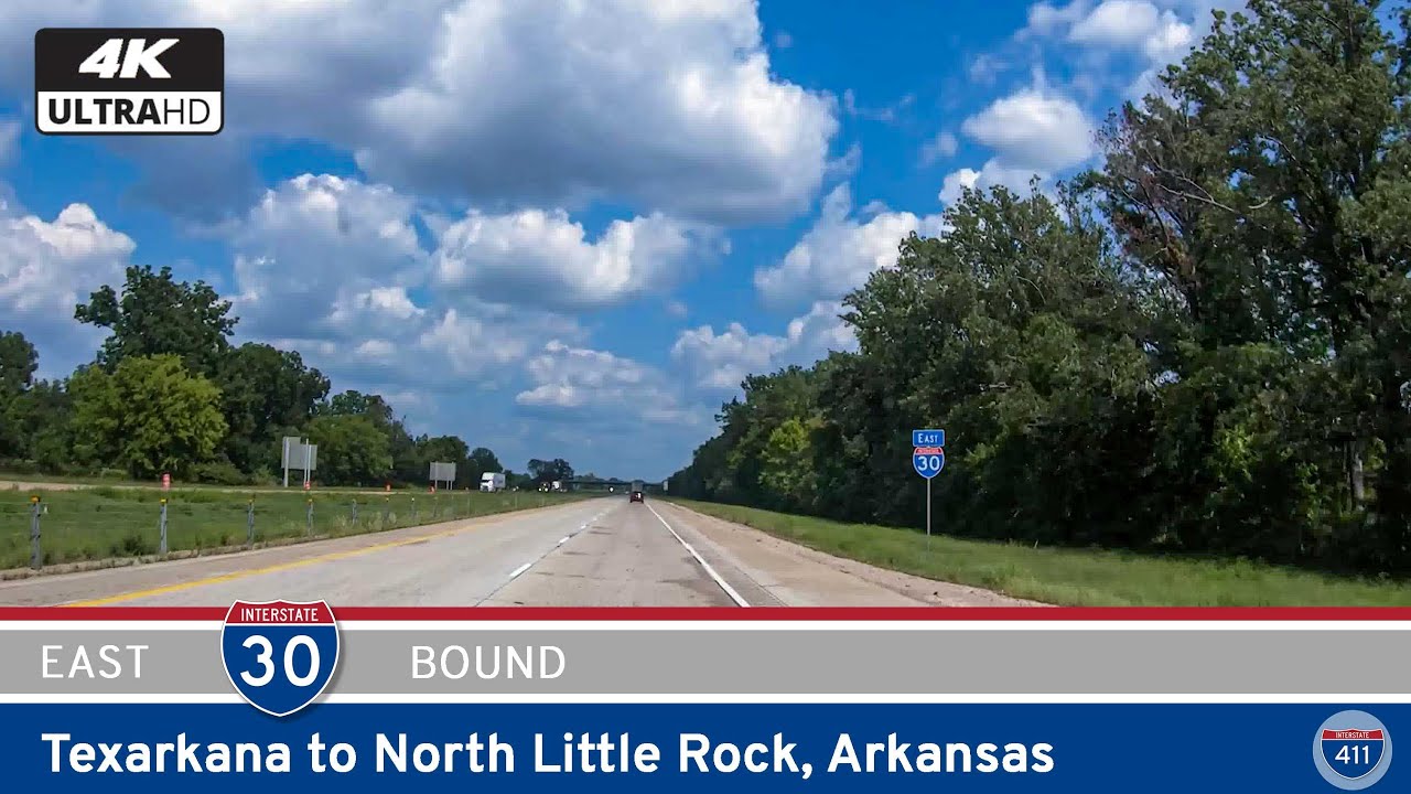 Travel 143 miles along Interstate 30 from Texarkana to North Little Rock, Arkansas. Explore small towns, college cities, and urban interchanges on this key east-west corridor through the Natural State.